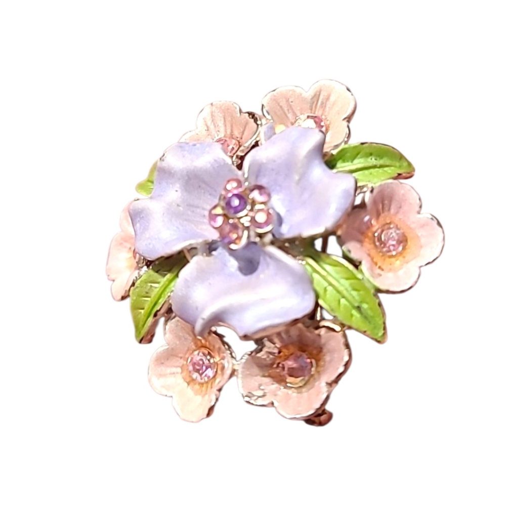 vintage Floral purple pink enamel flower brooch‎ with rhinestones & green leaves